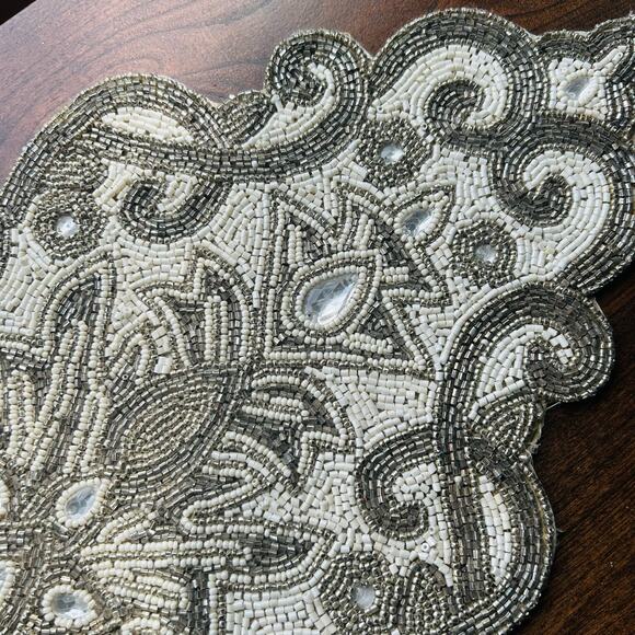 Pier 1 Hand Beaded Table Runner White Silver Luxury Tableware 12x39” - Picture 5 of 16
